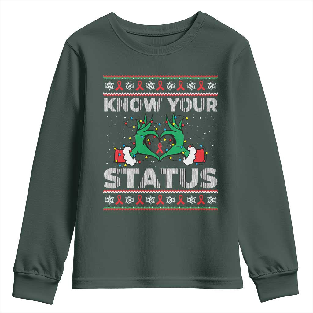 Know Your Status HIV Support Gift Youth Sweatshirt Ugly Sweater Green Hand Red Ribbon