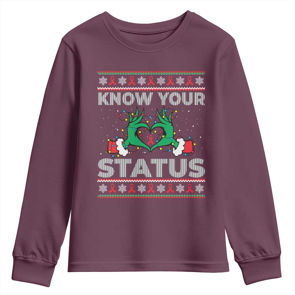 Know Your Status HIV Support Gift Youth Sweatshirt Ugly Sweater Green Hand Red Ribbon