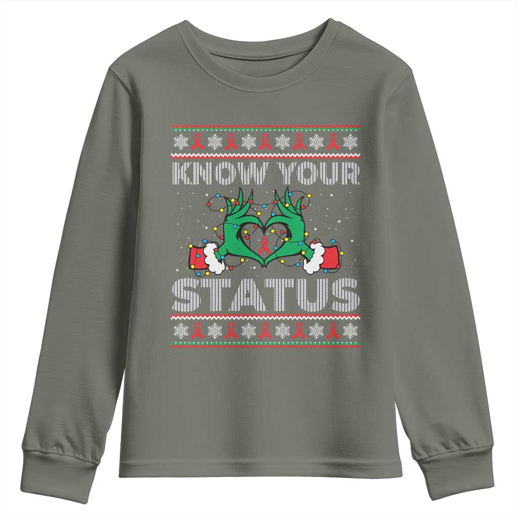 Know Your Status HIV Support Gift Youth Sweatshirt Ugly Sweater Green Hand Red Ribbon