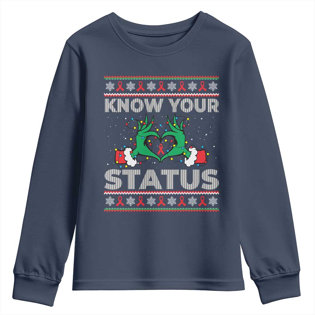Know Your Status HIV Support Gift Youth Sweatshirt Ugly Sweater Green Hand Red Ribbon