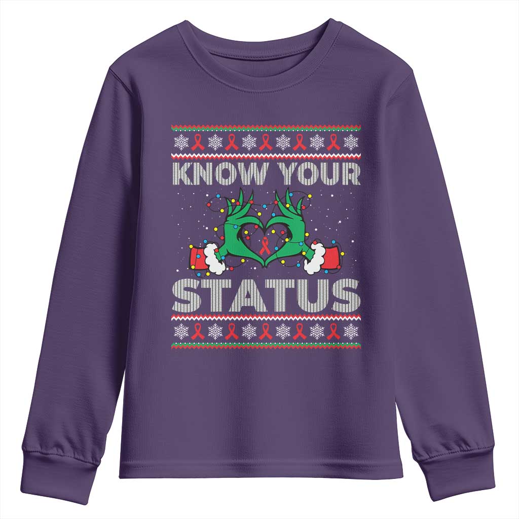 Know Your Status HIV Support Gift Youth Sweatshirt Ugly Sweater Green Hand Red Ribbon