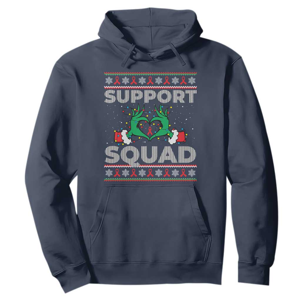Support Squad HIV Support Gift Hoodie Green Hand Red Ribbon Ugly Sweater Christmas Gift