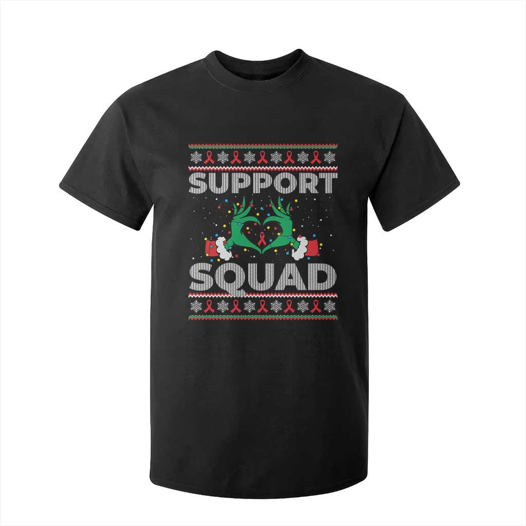 Support Squad HIV Support Gift T Shirt For Kid Green Hand Red Ribbon Ugly Sweater Christmas Gift