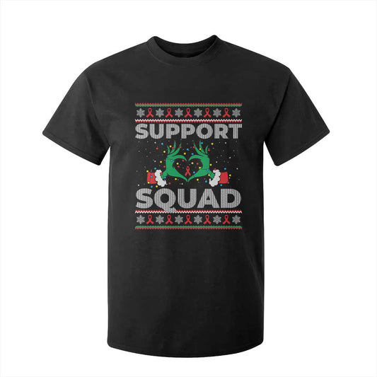 Support Squad HIV Support Gift T Shirt For Kid Green Hand Red Ribbon Ugly Sweater Christmas Gift
