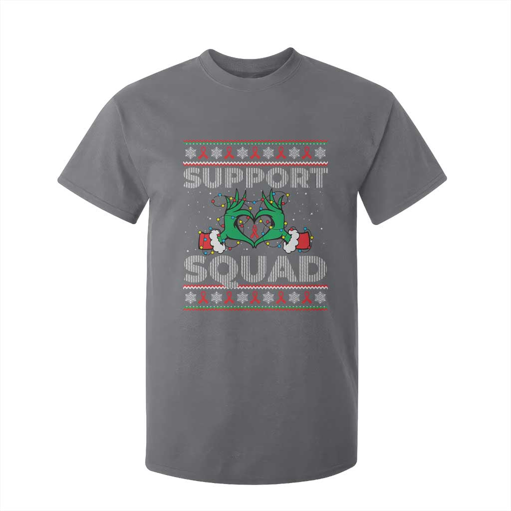 Support Squad HIV Support Gift T Shirt For Kid Green Hand Red Ribbon Ugly Sweater Christmas Gift
