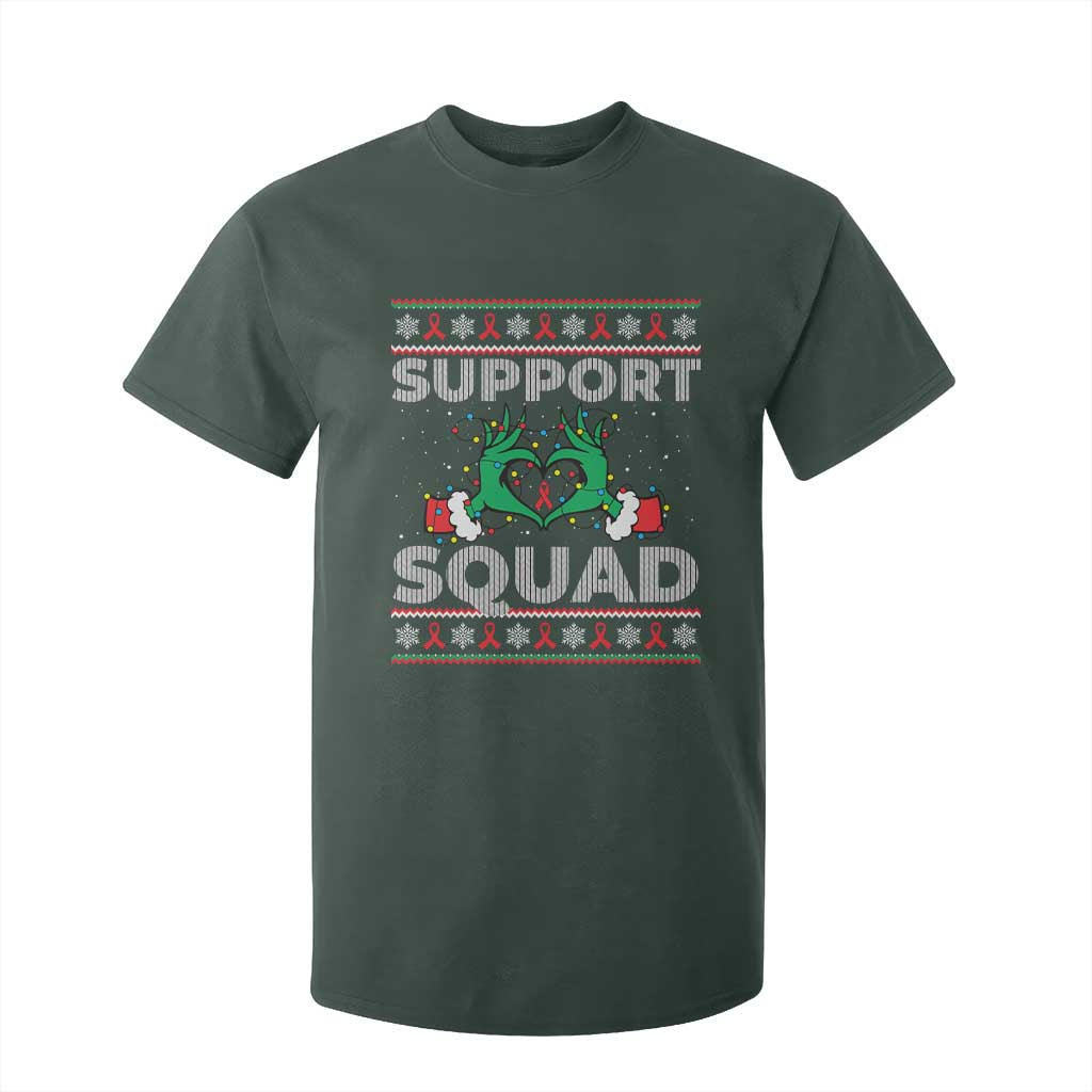 Support Squad HIV Support Gift T Shirt For Kid Green Hand Red Ribbon Ugly Sweater Christmas Gift