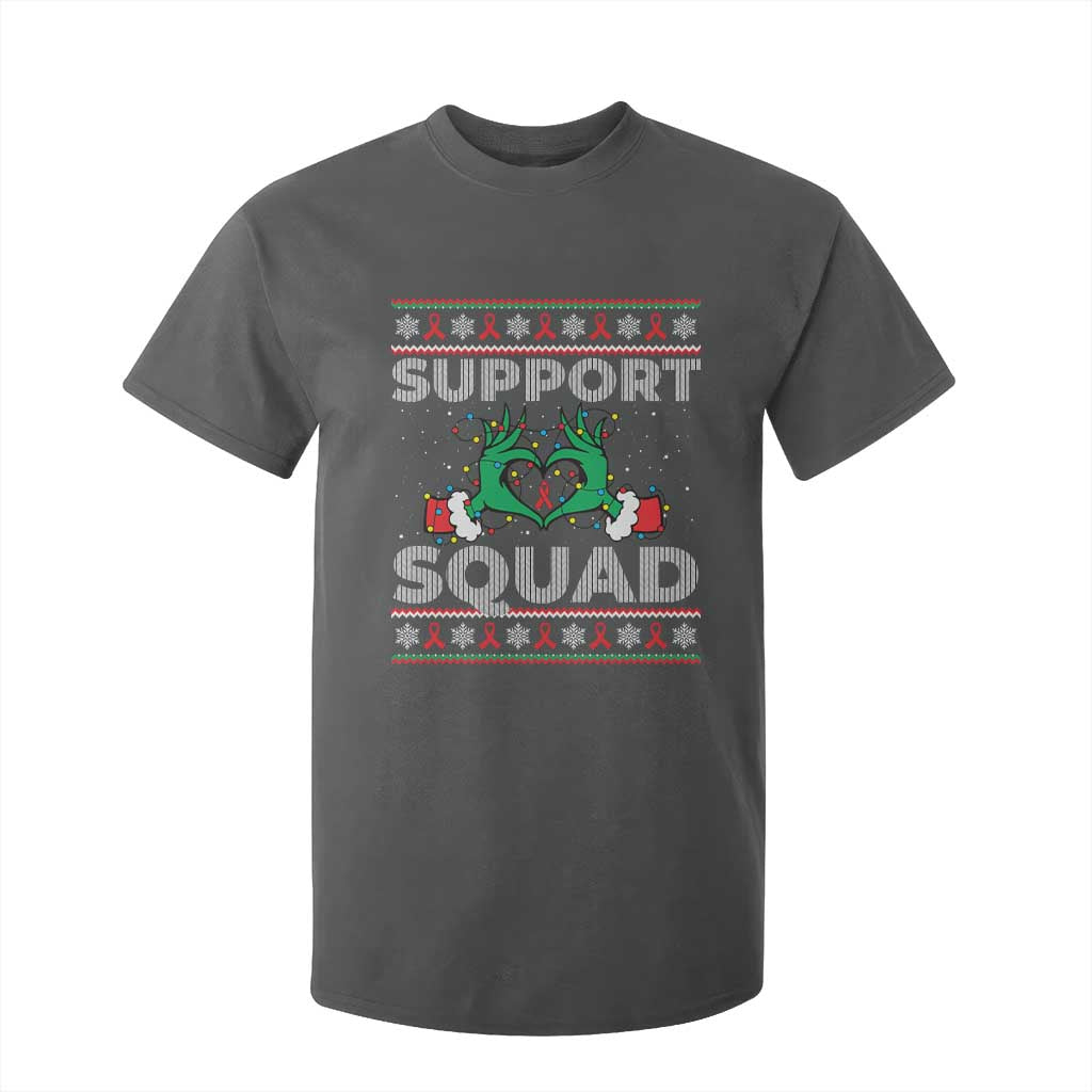 Support Squad HIV Support Gift T Shirt For Kid Green Hand Red Ribbon Ugly Sweater Christmas Gift
