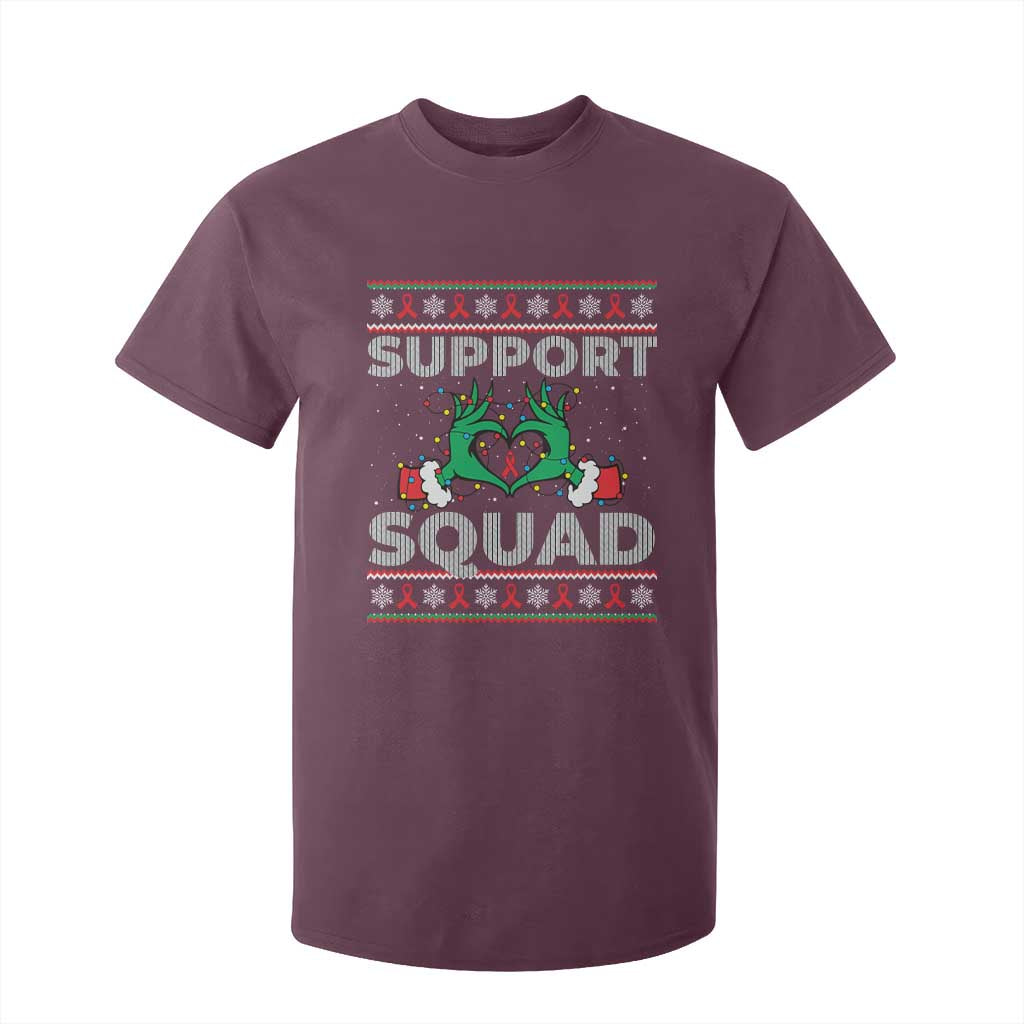 Support Squad HIV Support Gift T Shirt For Kid Green Hand Red Ribbon Ugly Sweater Christmas Gift