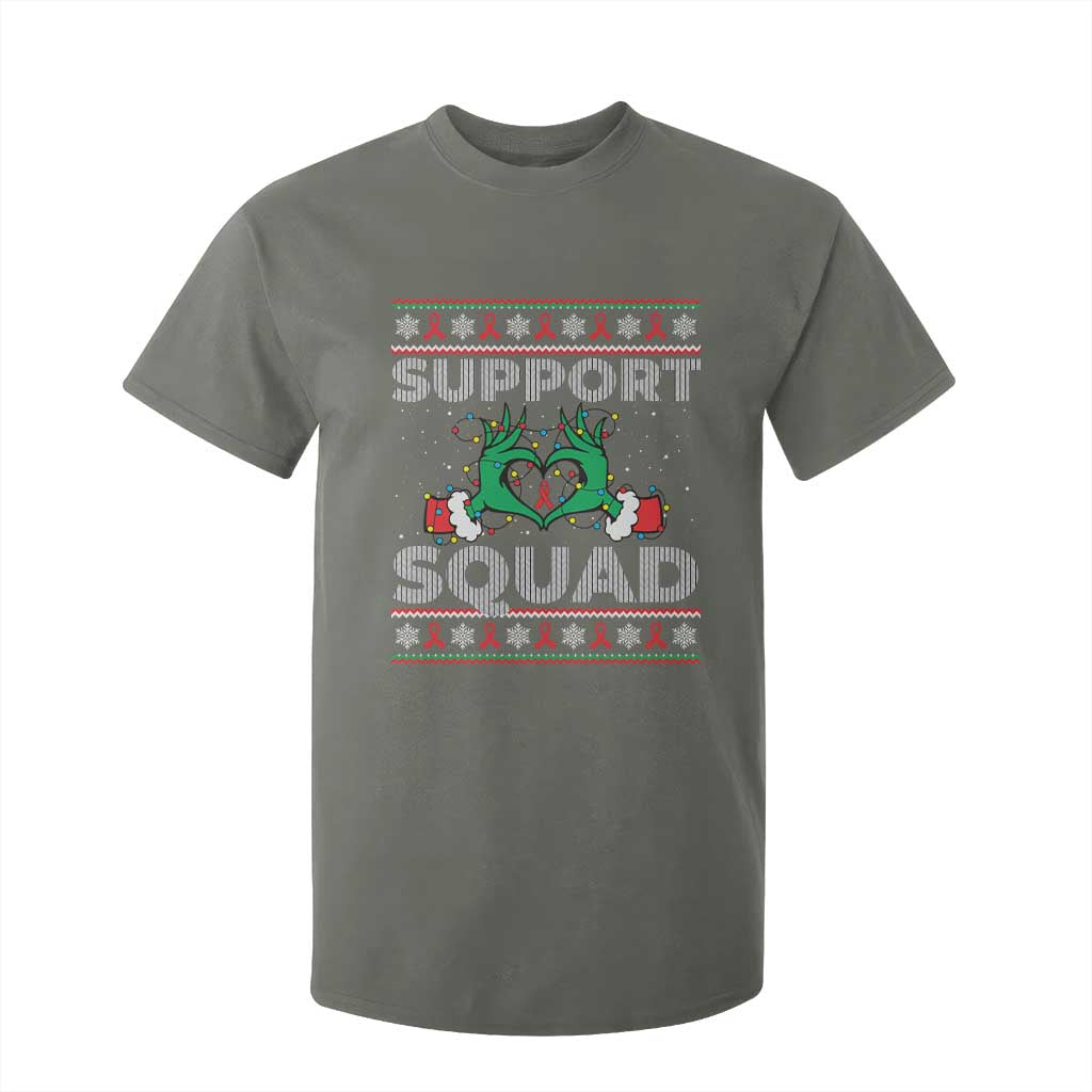 Support Squad HIV Support Gift T Shirt For Kid Green Hand Red Ribbon Ugly Sweater Christmas Gift