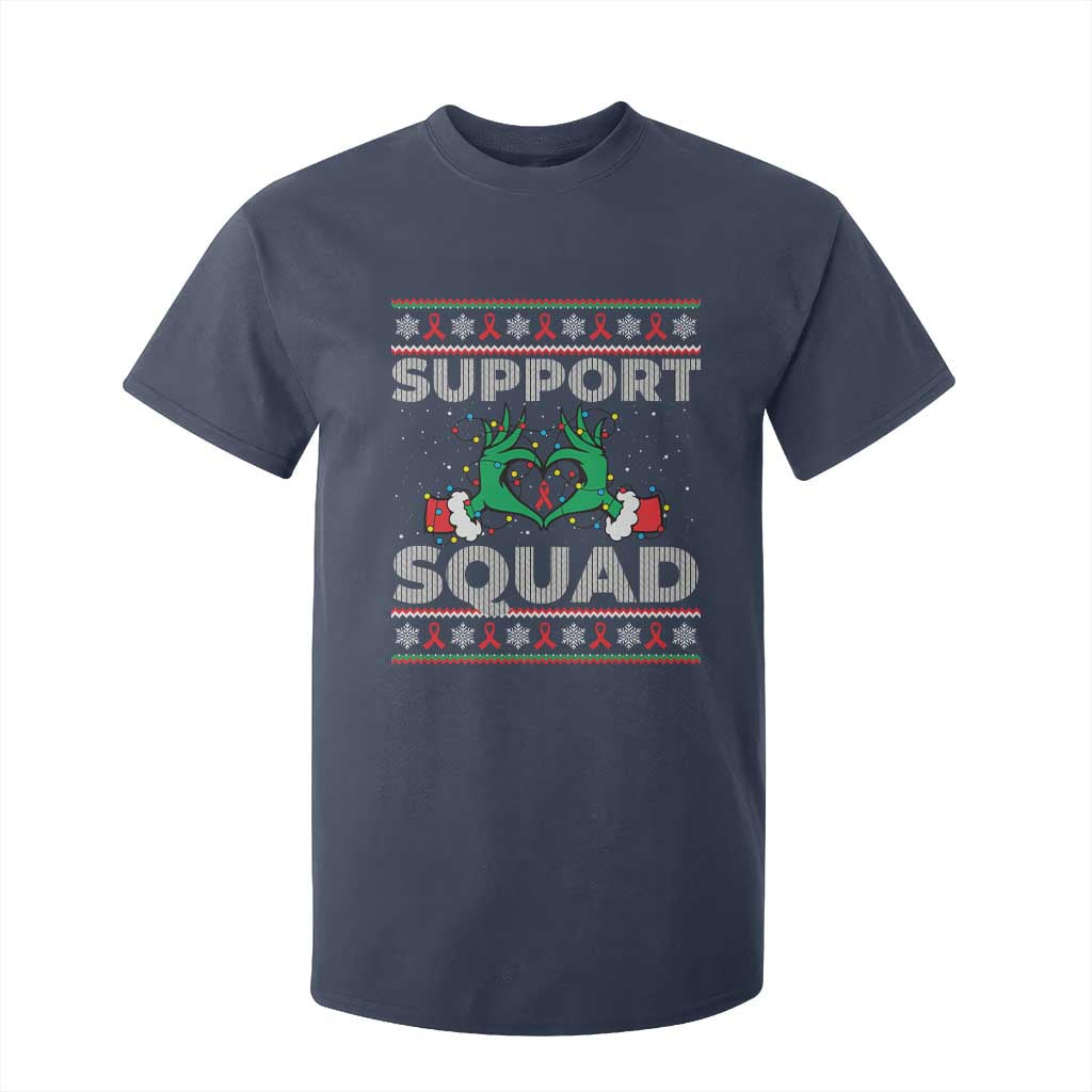 Support Squad HIV Support Gift T Shirt For Kid Green Hand Red Ribbon Ugly Sweater Christmas Gift