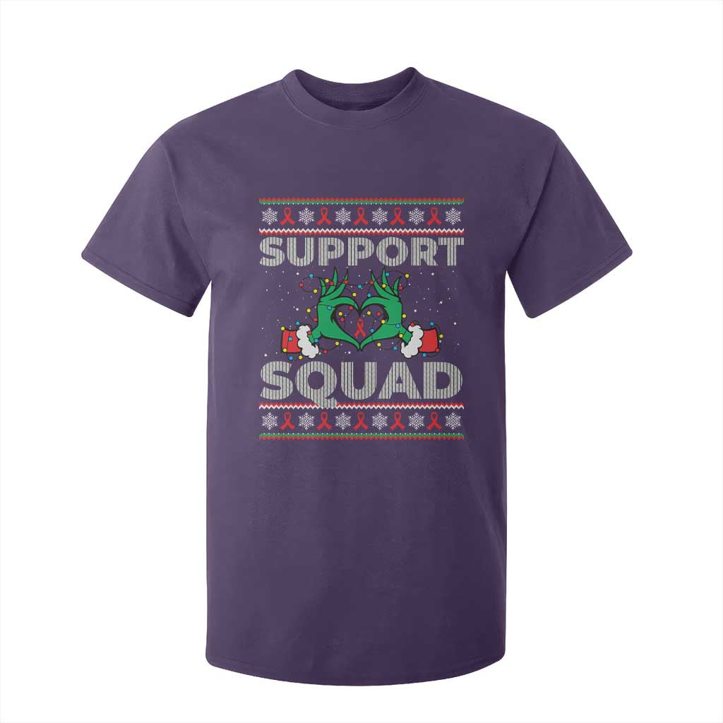 Support Squad HIV Support Gift T Shirt For Kid Green Hand Red Ribbon Ugly Sweater Christmas Gift
