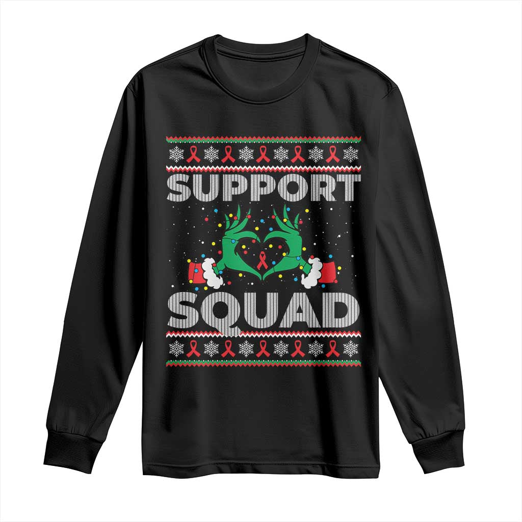 Support Squad HIV Support Gift Long Sleeve Shirt Green Hand Red Ribbon Ugly Sweater Christmas Gift