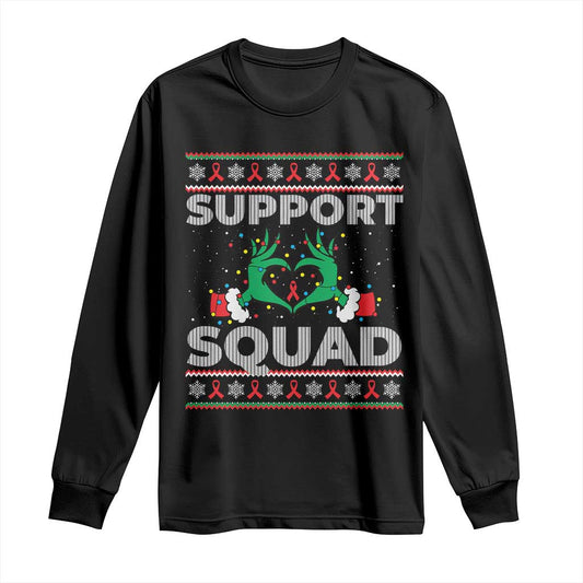 Support Squad HIV Support Gift Long Sleeve Shirt Green Hand Red Ribbon Ugly Sweater Christmas Gift