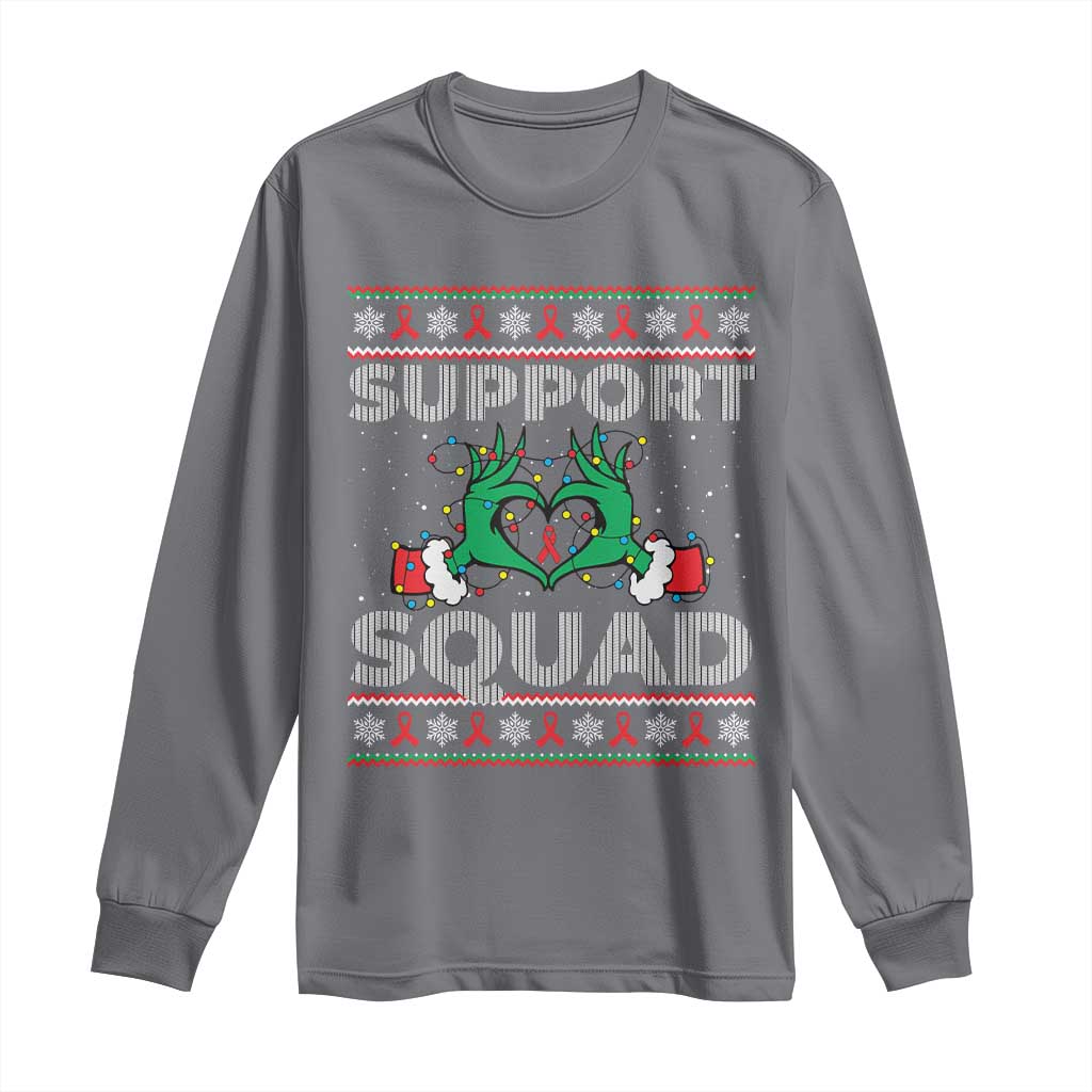 Support Squad HIV Support Gift Long Sleeve Shirt Green Hand Red Ribbon Ugly Sweater Christmas Gift