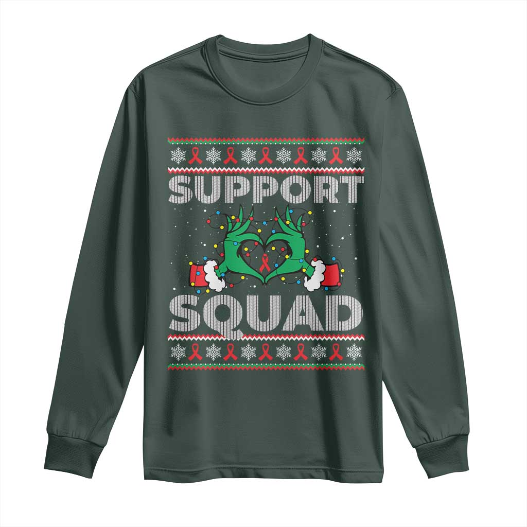 Support Squad HIV Support Gift Long Sleeve Shirt Green Hand Red Ribbon Ugly Sweater Christmas Gift