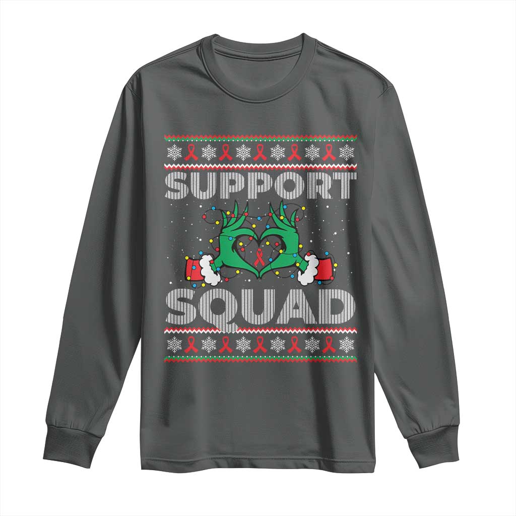 Support Squad HIV Support Gift Long Sleeve Shirt Green Hand Red Ribbon Ugly Sweater Christmas Gift