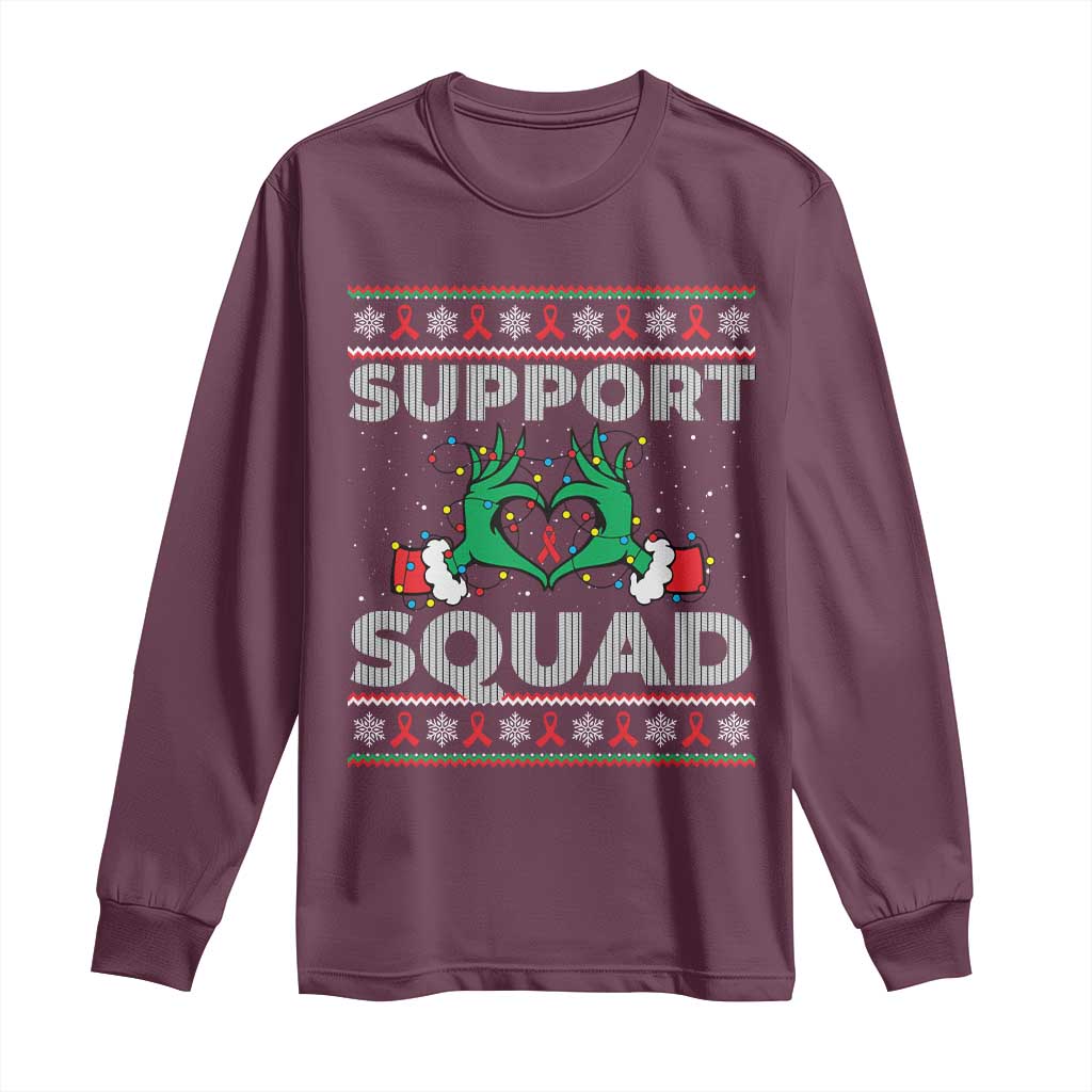 Support Squad HIV Support Gift Long Sleeve Shirt Green Hand Red Ribbon Ugly Sweater Christmas Gift