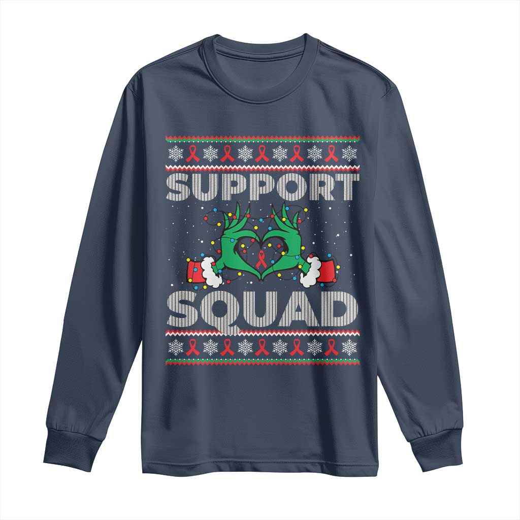 Support Squad HIV Support Gift Long Sleeve Shirt Green Hand Red Ribbon Ugly Sweater Christmas Gift