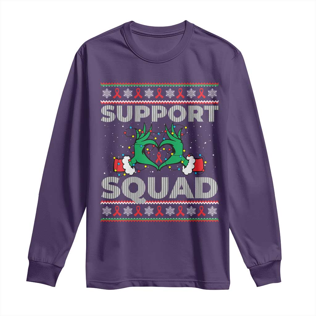 Support Squad HIV Support Gift Long Sleeve Shirt Green Hand Red Ribbon Ugly Sweater Christmas Gift