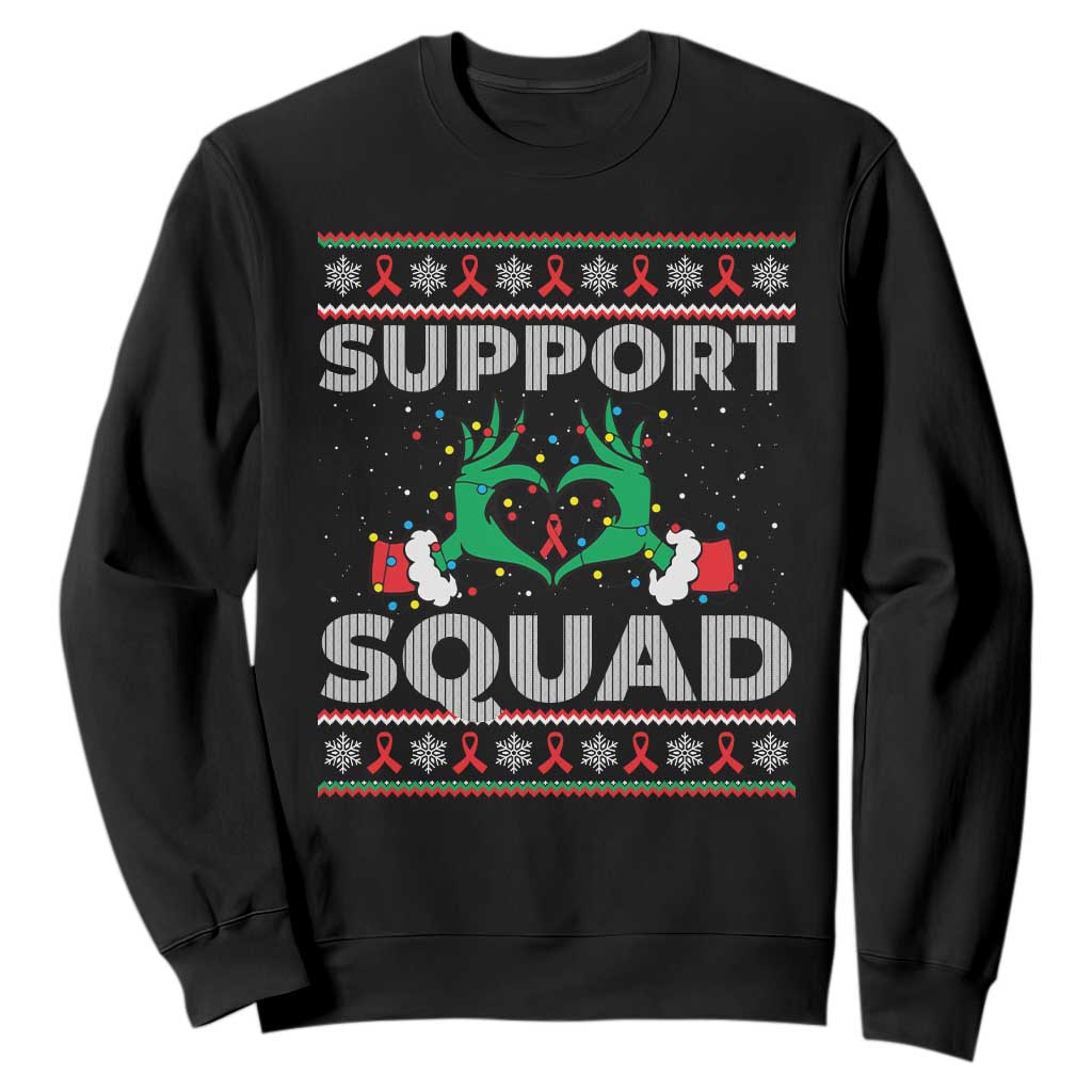 Support Squad HIV Support Gift Sweatshirt Green Hand Red Ribbon Ugly Sweater Christmas Gift