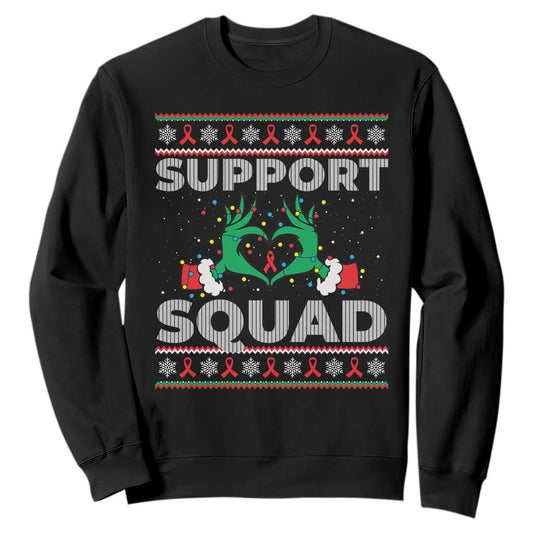 Support Squad HIV Support Gift Sweatshirt Green Hand Red Ribbon Ugly Sweater Christmas Gift
