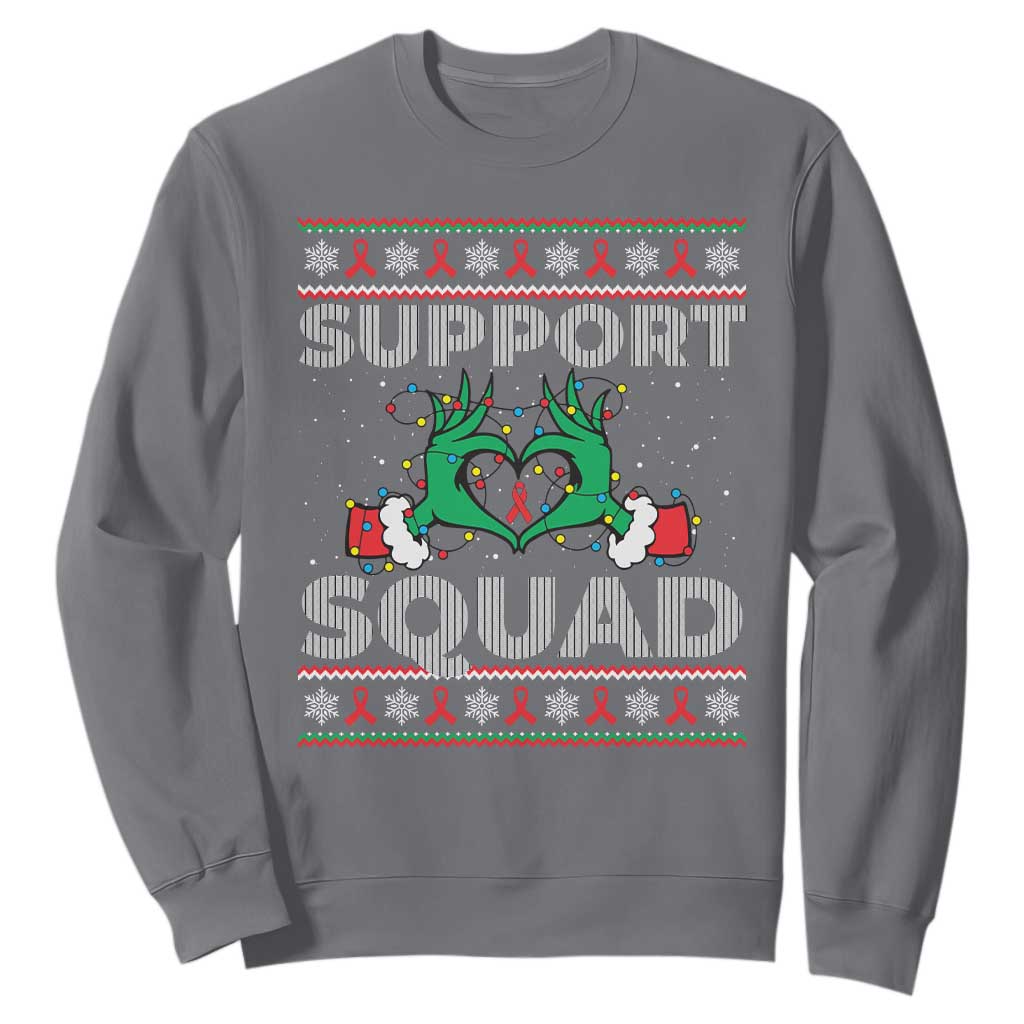 Support Squad HIV Support Gift Sweatshirt Green Hand Red Ribbon Ugly Sweater Christmas Gift