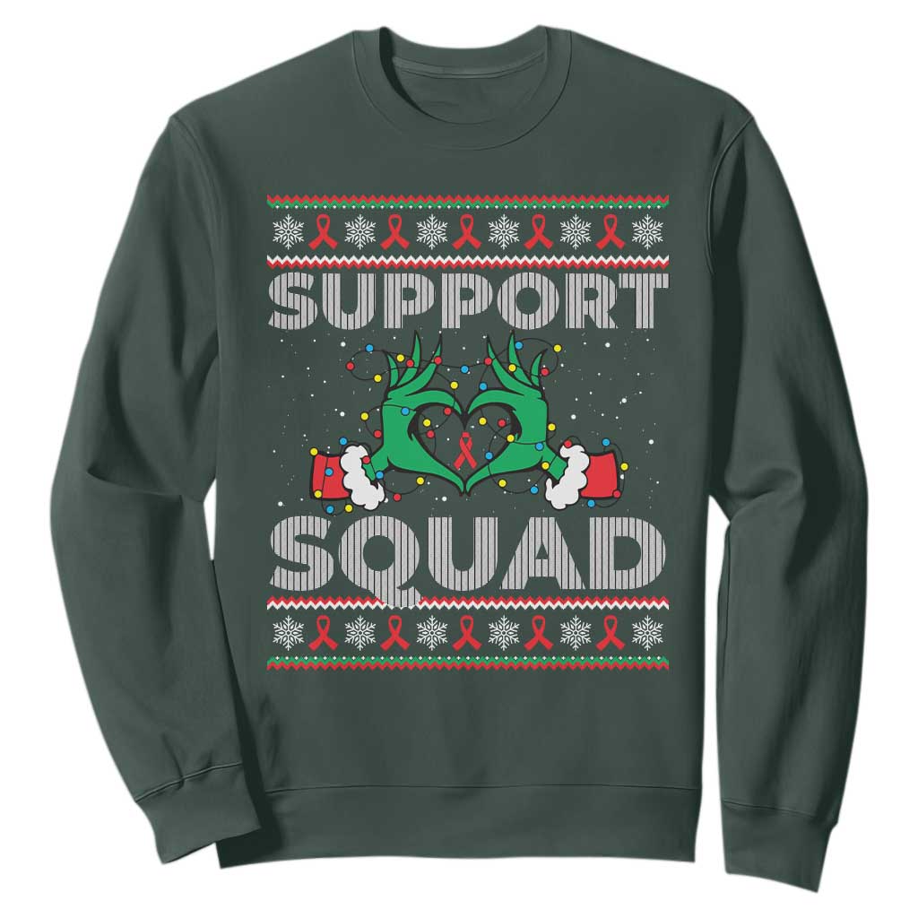 Support Squad HIV Support Gift Sweatshirt Green Hand Red Ribbon Ugly Sweater Christmas Gift