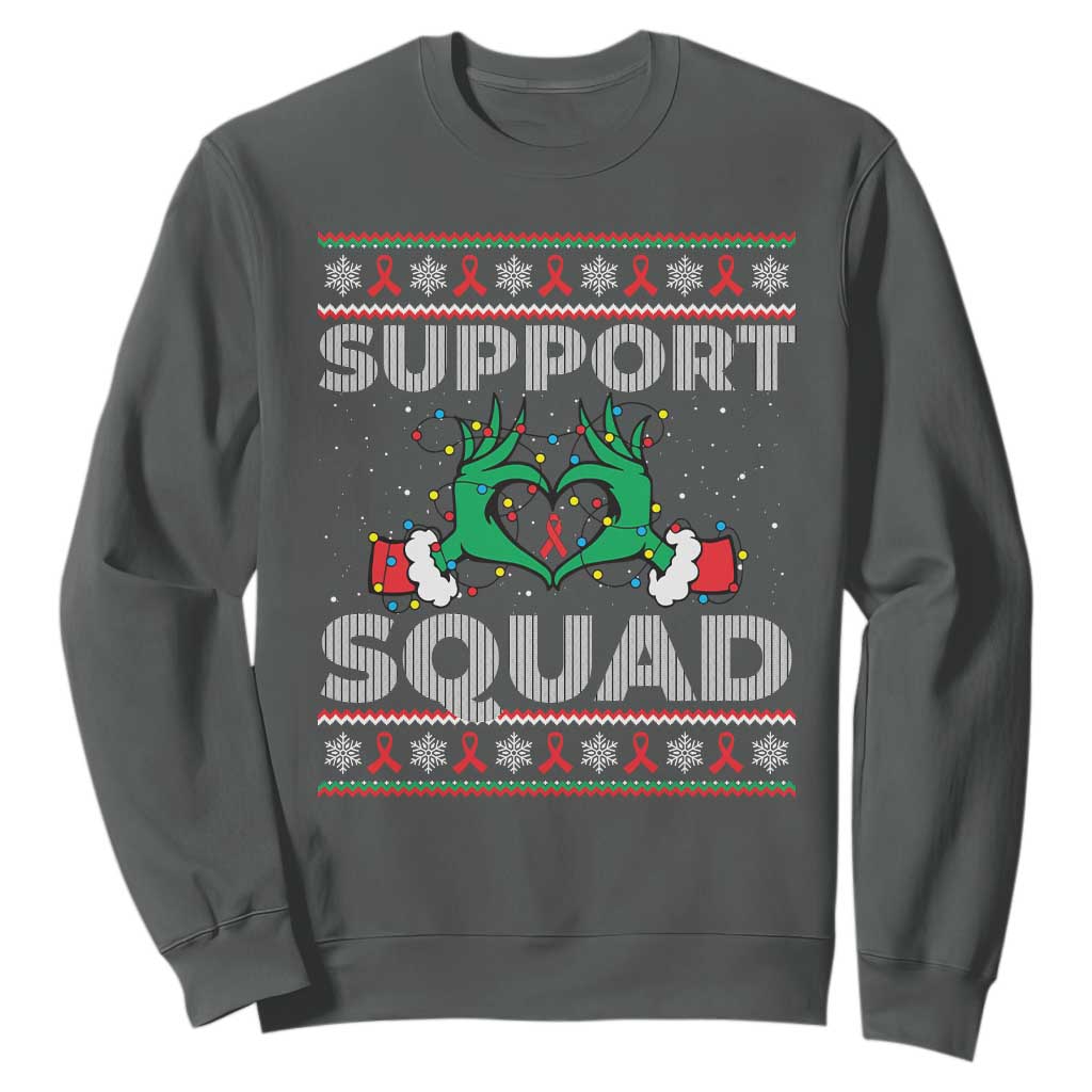Support Squad HIV Support Gift Sweatshirt Green Hand Red Ribbon Ugly Sweater Christmas Gift