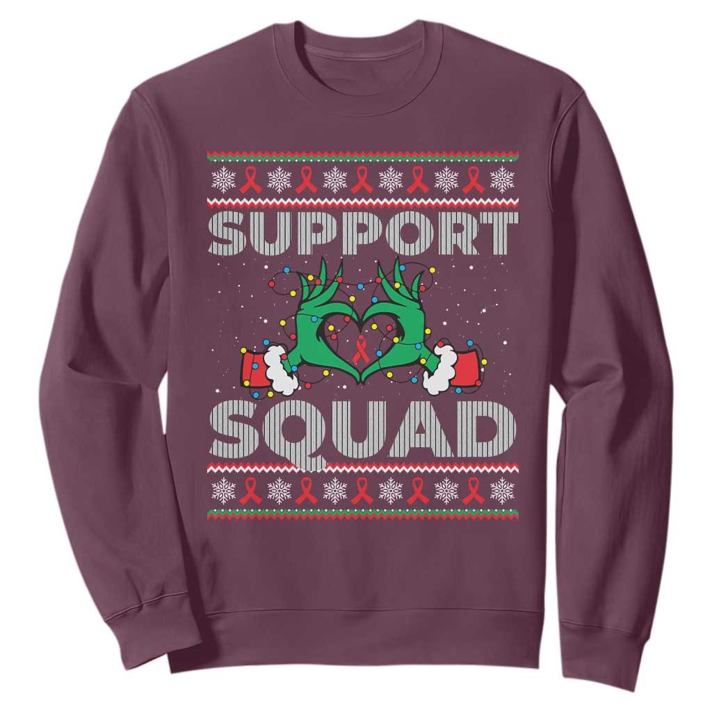 Support Squad HIV Support Gift Sweatshirt Green Hand Red Ribbon Ugly Sweater Christmas Gift