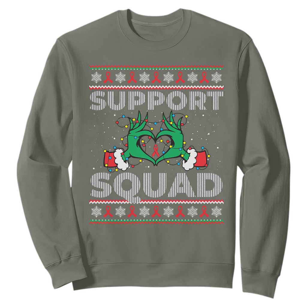 Support Squad HIV Support Gift Sweatshirt Green Hand Red Ribbon Ugly Sweater Christmas Gift