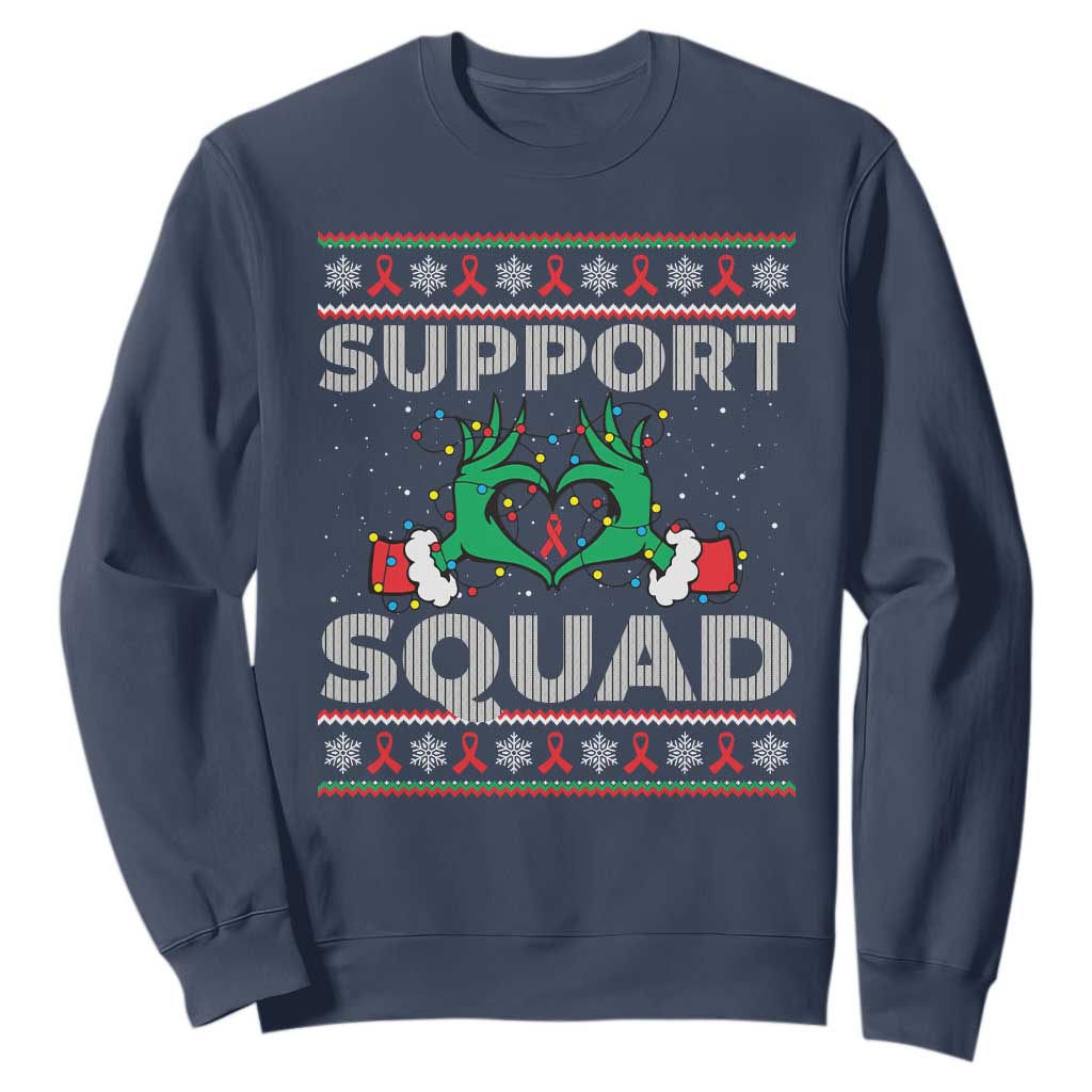 Support Squad HIV Support Gift Sweatshirt Green Hand Red Ribbon Ugly Sweater Christmas Gift