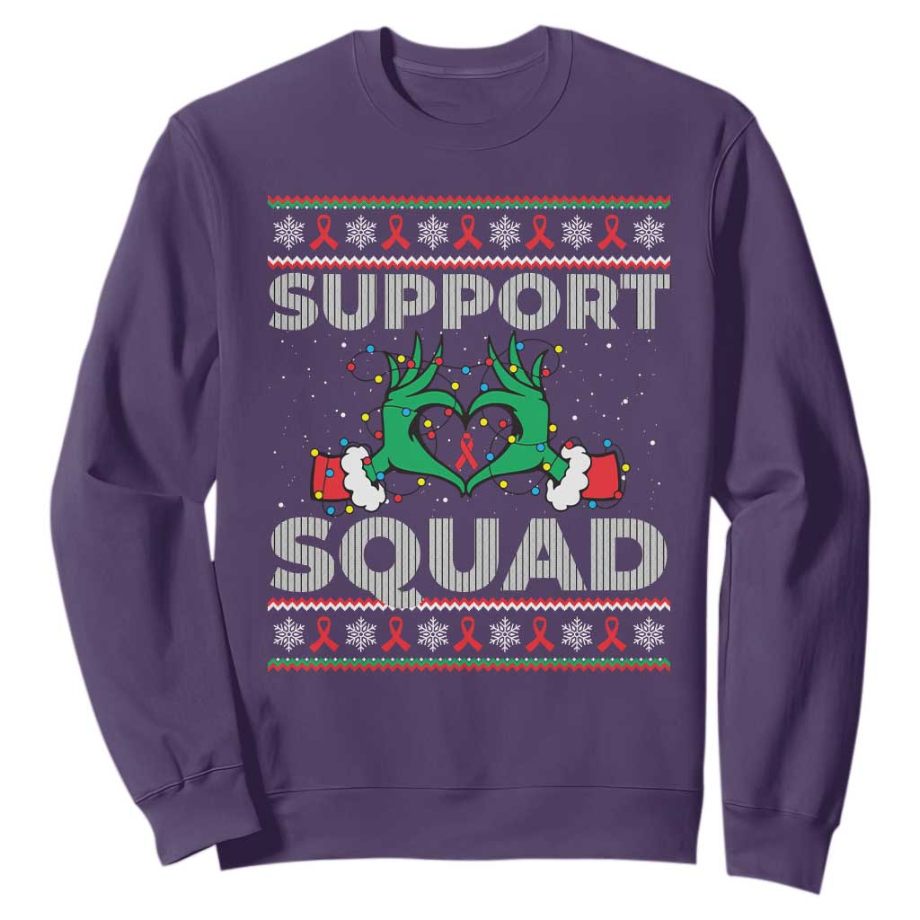 Support Squad HIV Support Gift Sweatshirt Green Hand Red Ribbon Ugly Sweater Christmas Gift