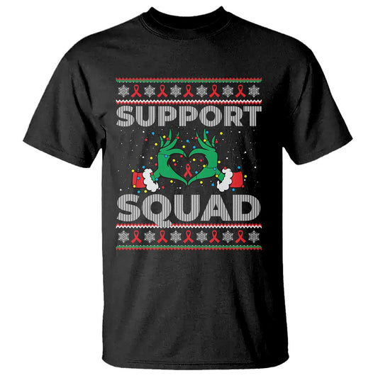 Support Squad HIV Support Gift T Shirt Green Hand Red Ribbon Ugly Sweater Christmas Gift