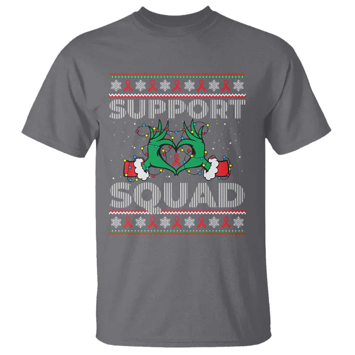 Support Squad HIV Support Gift T Shirt Green Hand Red Ribbon Ugly Sweater Christmas Gift