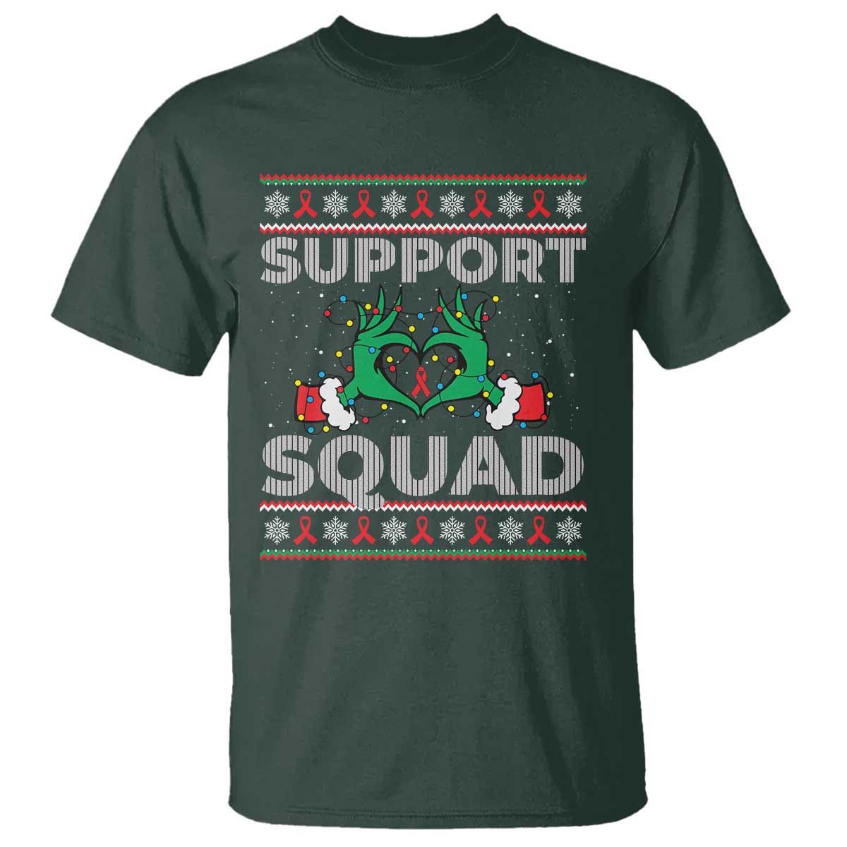 Support Squad HIV Support Gift T Shirt Green Hand Red Ribbon Ugly Sweater Christmas Gift