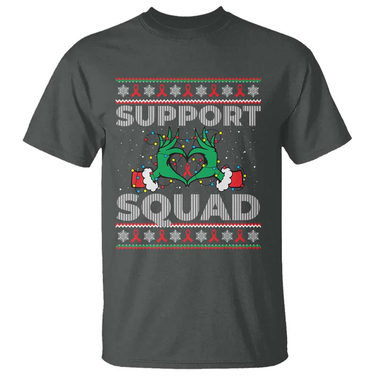 Support Squad HIV Support Gift T Shirt Green Hand Red Ribbon Ugly Sweater Christmas Gift