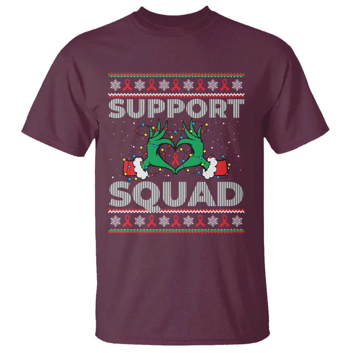 Support Squad HIV Support Gift T Shirt Green Hand Red Ribbon Ugly Sweater Christmas Gift