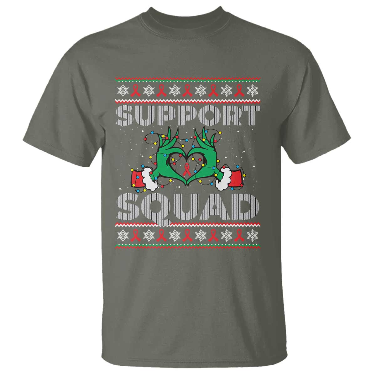 Support Squad HIV Support Gift T Shirt Green Hand Red Ribbon Ugly Sweater Christmas Gift