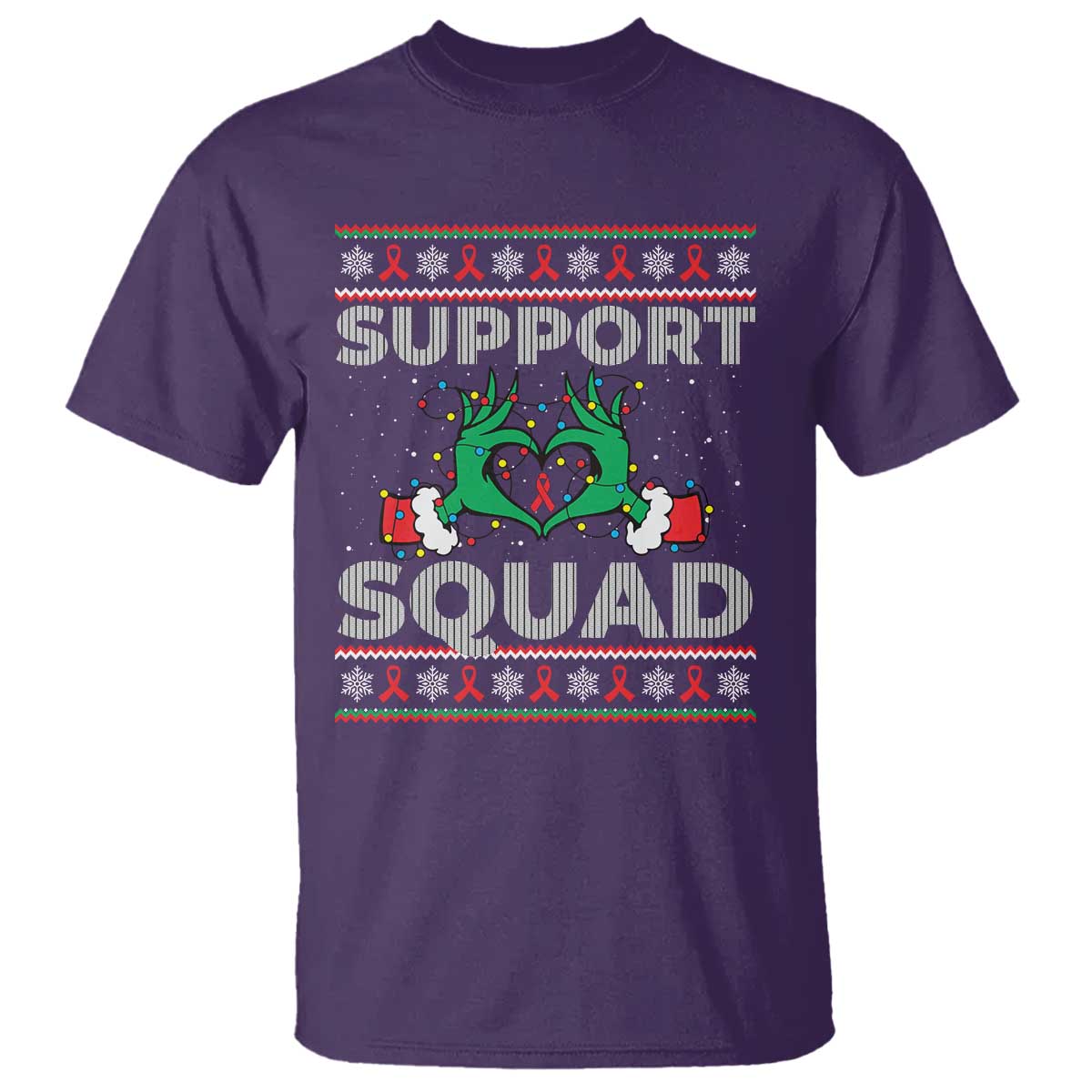Support Squad HIV Support Gift T Shirt Green Hand Red Ribbon Ugly Sweater Christmas Gift