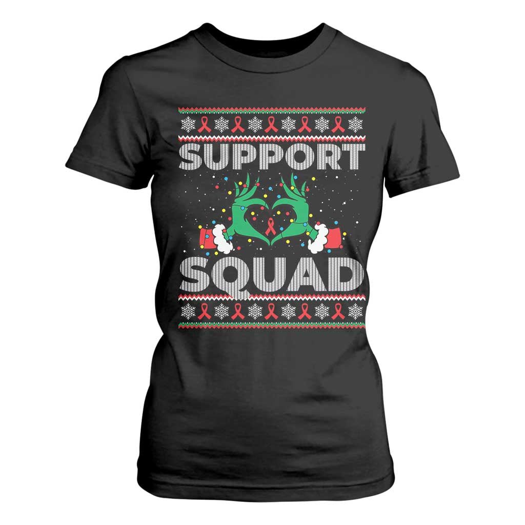 Support Squad HIV Support Gift T Shirt For Women Green Hand Red Ribbon Ugly Sweater Christmas Gift