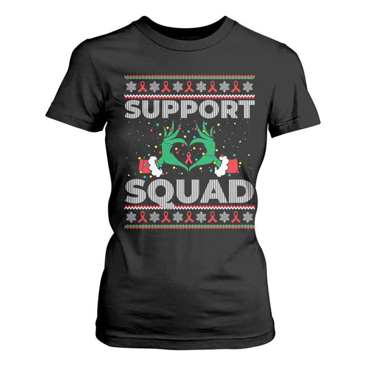 Support Squad HIV Support Gift T Shirt For Women Green Hand Red Ribbon Ugly Sweater Christmas Gift