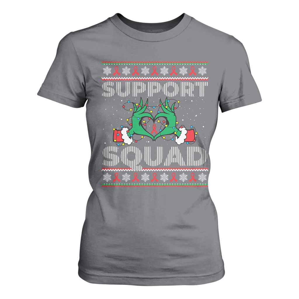 Support Squad HIV Support Gift T Shirt For Women Green Hand Red Ribbon Ugly Sweater Christmas Gift