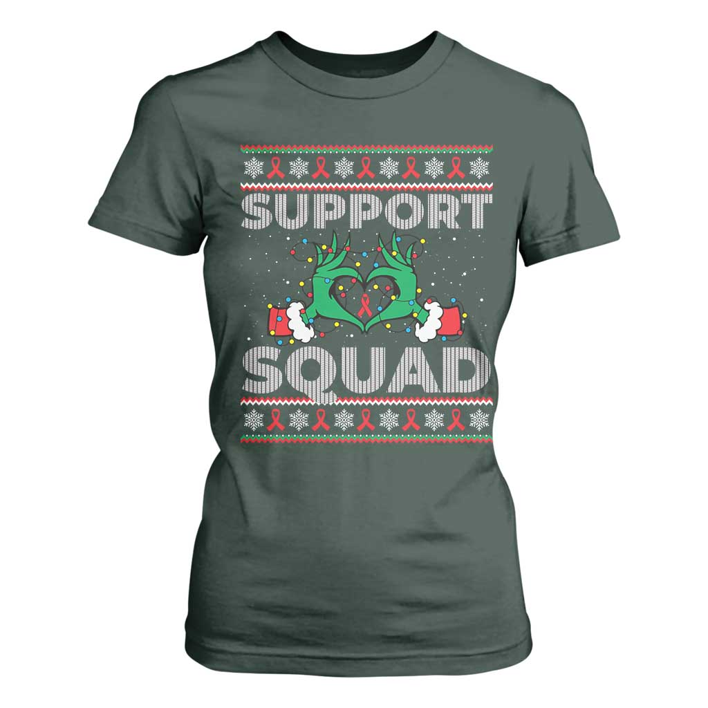 Support Squad HIV Support Gift T Shirt For Women Green Hand Red Ribbon Ugly Sweater Christmas Gift