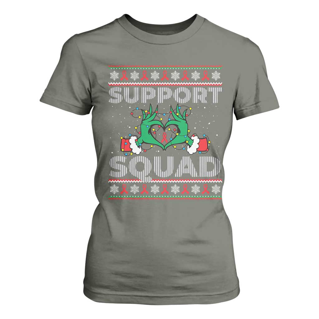 Support Squad HIV Support Gift T Shirt For Women Green Hand Red Ribbon Ugly Sweater Christmas Gift