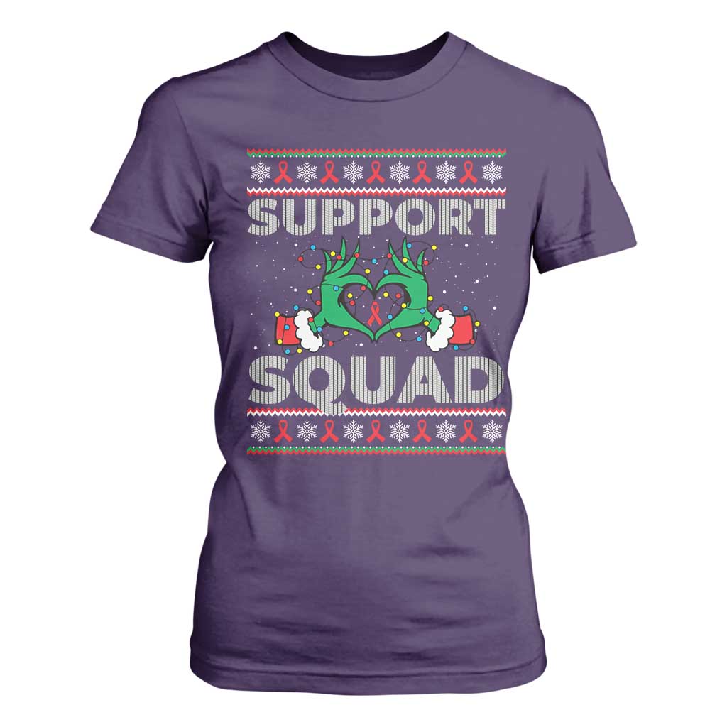 Support Squad HIV Support Gift T Shirt For Women Green Hand Red Ribbon Ugly Sweater Christmas Gift