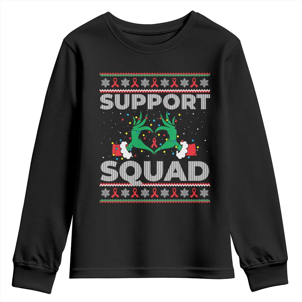 Support Squad HIV Support Gift Youth Sweatshirt Green Hand Red Ribbon Ugly Sweater Christmas Gift