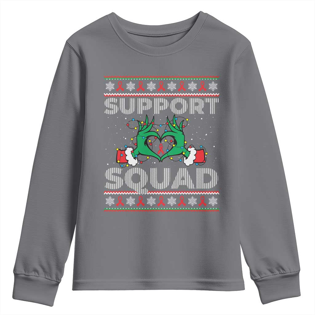 Support Squad HIV Support Gift Youth Sweatshirt Green Hand Red Ribbon Ugly Sweater Christmas Gift