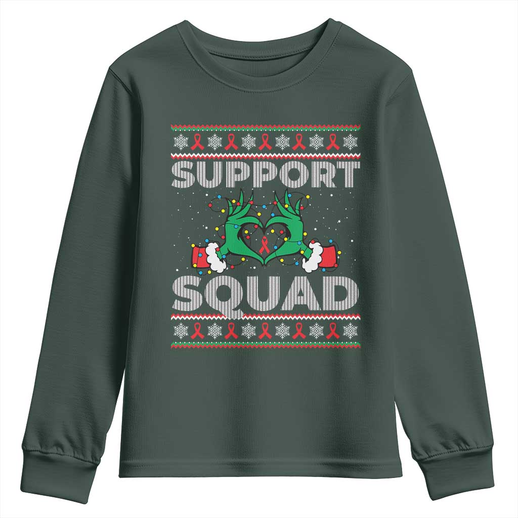Support Squad HIV Support Gift Youth Sweatshirt Green Hand Red Ribbon Ugly Sweater Christmas Gift