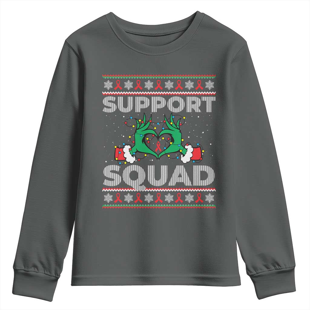 Support Squad HIV Support Gift Youth Sweatshirt Green Hand Red Ribbon Ugly Sweater Christmas Gift