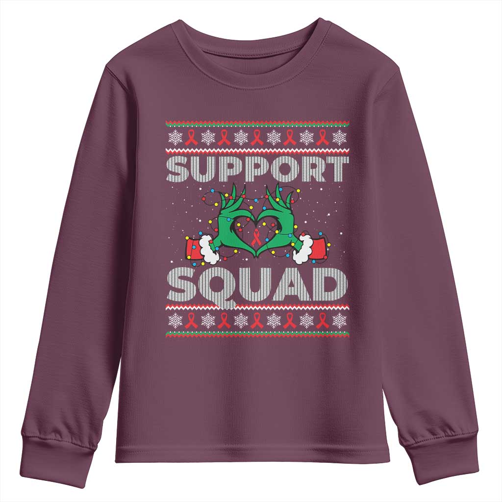 Support Squad HIV Support Gift Youth Sweatshirt Green Hand Red Ribbon Ugly Sweater Christmas Gift